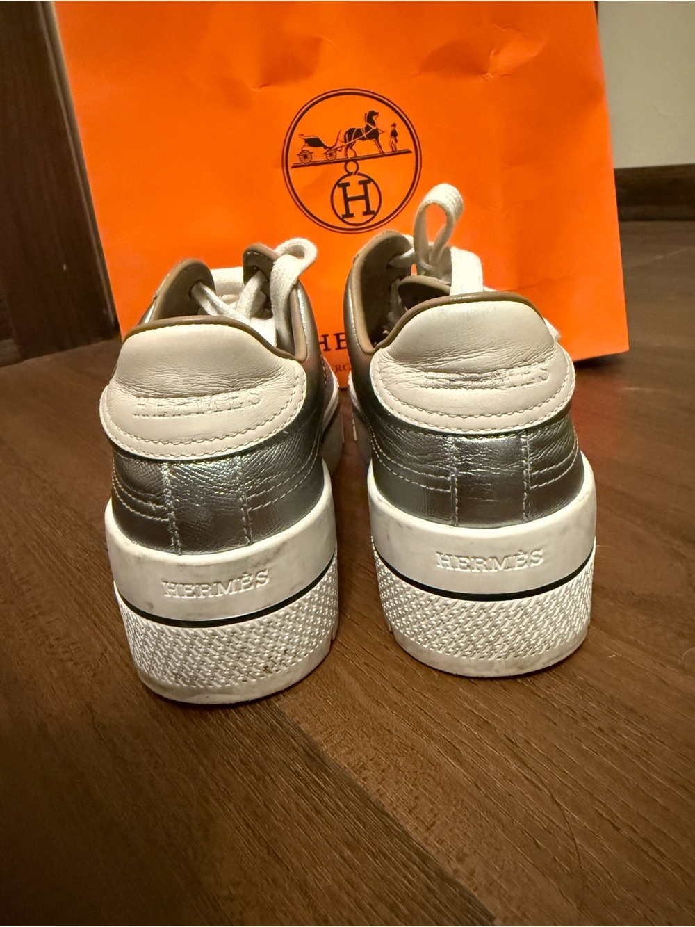 Hermes Silver and White Leather Platform Sneakers - Picture 4 of 8